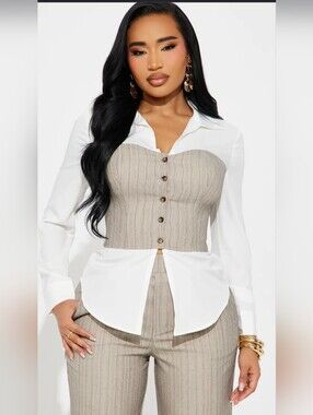 Button-Front Pinstripe Bustier Top with White Shirt - Taupe